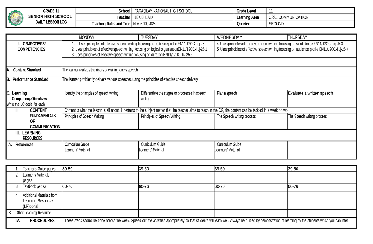 Oral Com Q2 W1 - DLL - GRADE 11 SENIOR HIGH SCHOOL DAILY LESSON LOG ...