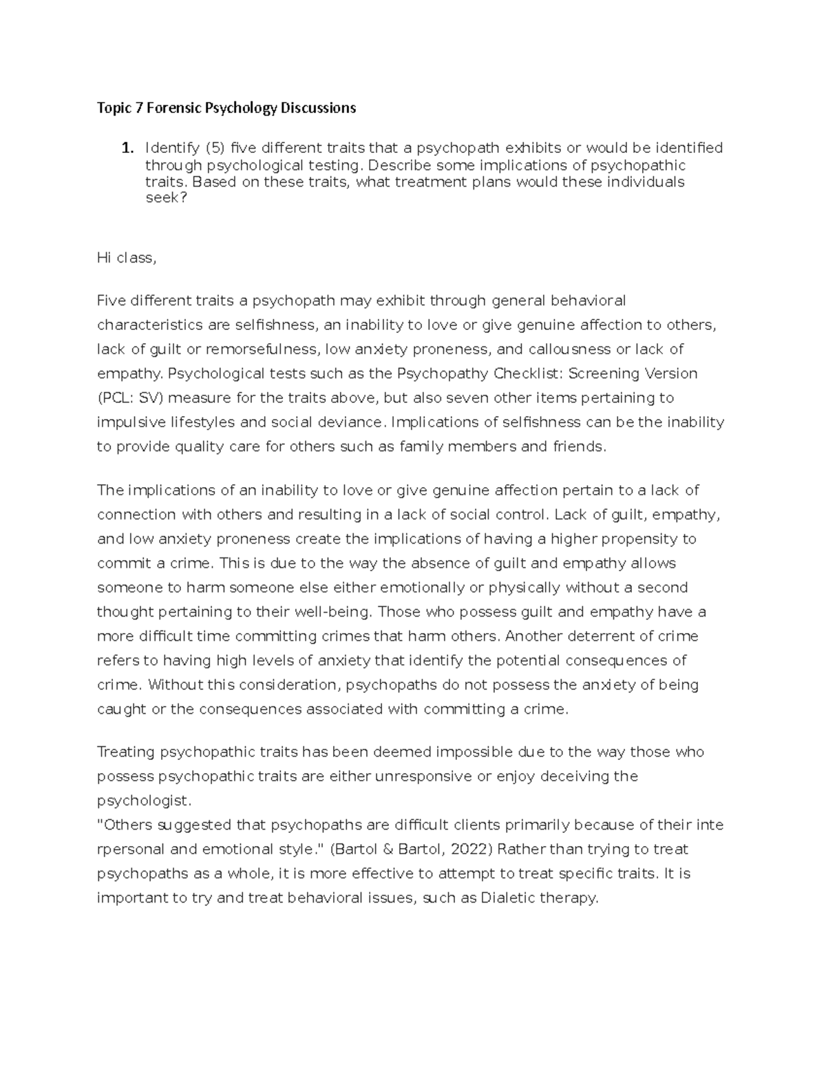 Topic 7 Forensic Psychology Discussions Topic 7 Forensic Psychology