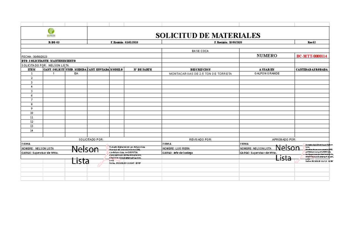 BC-MTT-000114 - SOLMAT - SOLICITUD DE MATERIALES R-BO-03 F. Emisión: 03