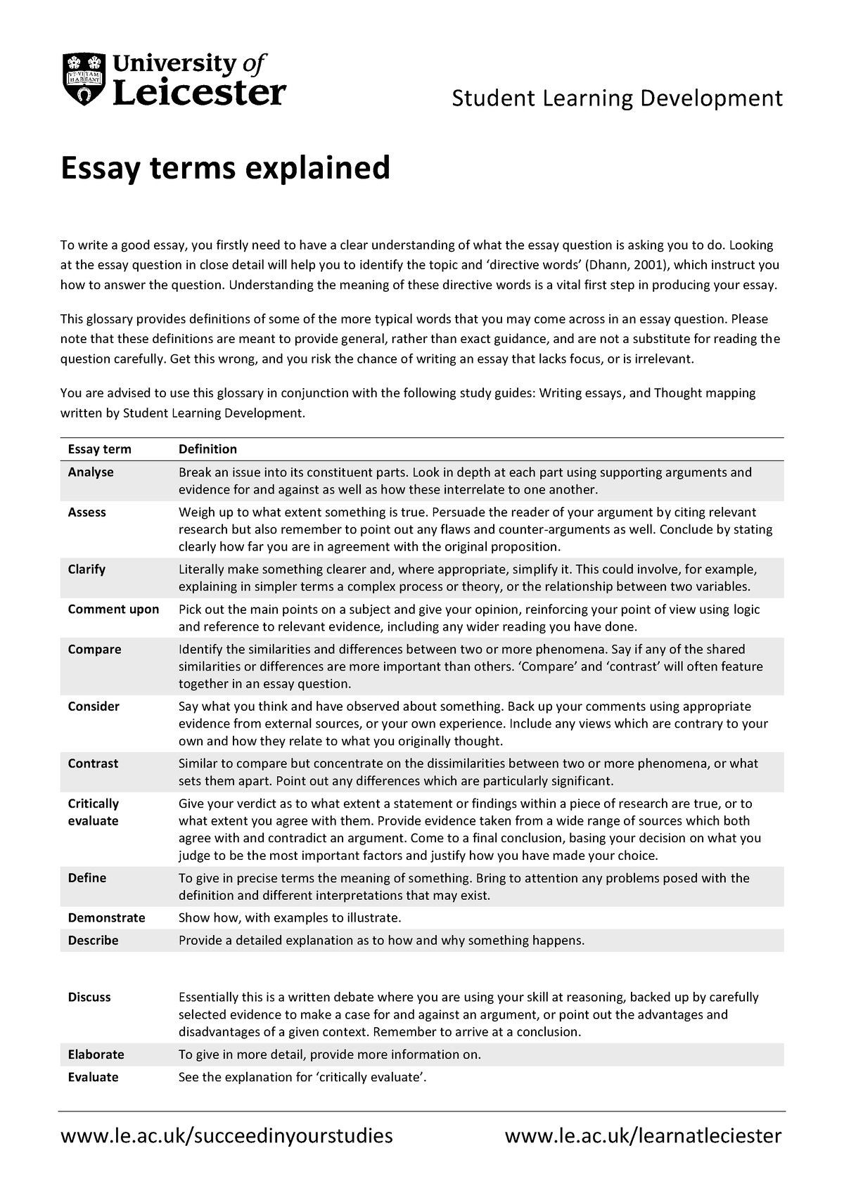 university of leicester essay terms explained