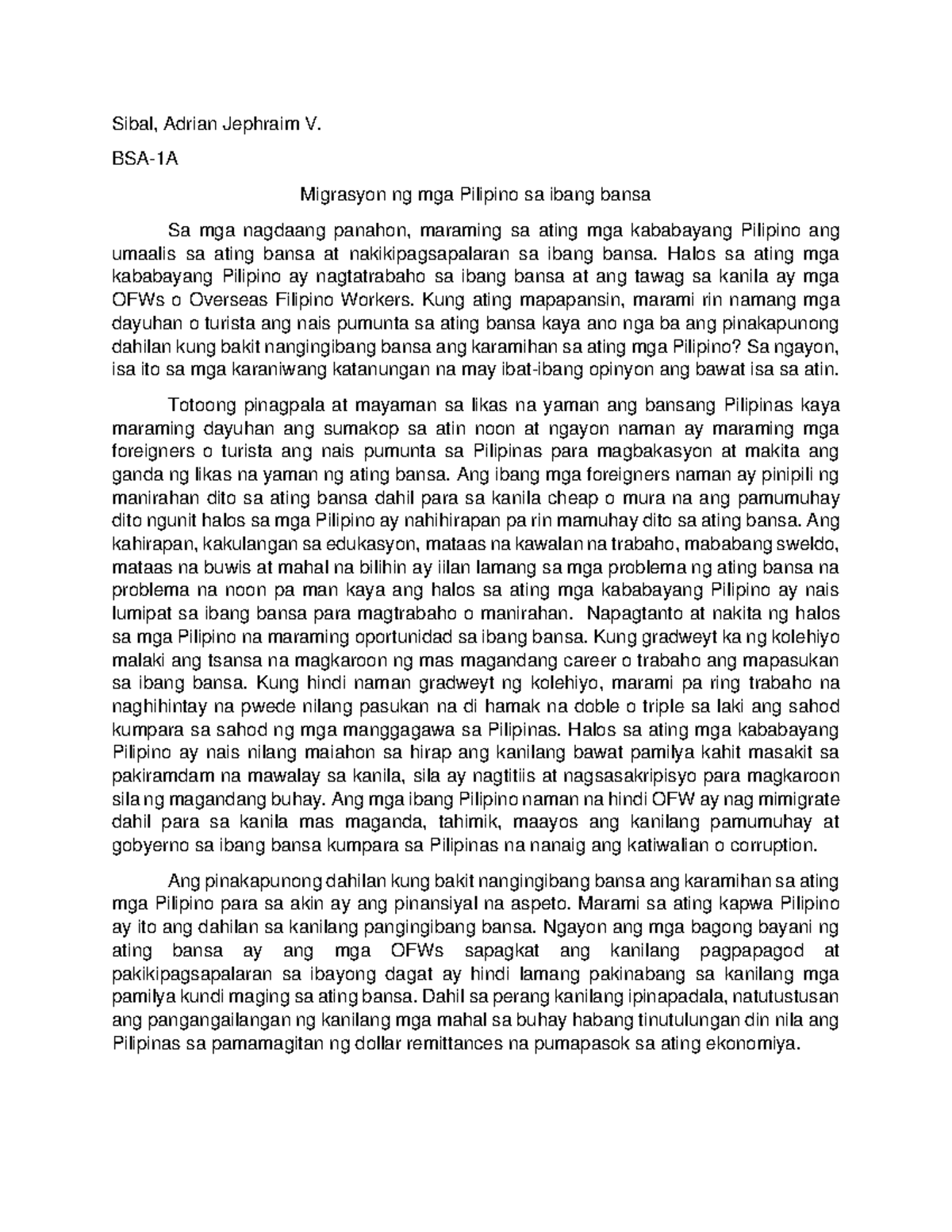 Bakit Nga Ba Nagmimigrate Ang Ating Mga Kababayang Pilipino Sa Ibang Bansa Sibal Adrian 0346