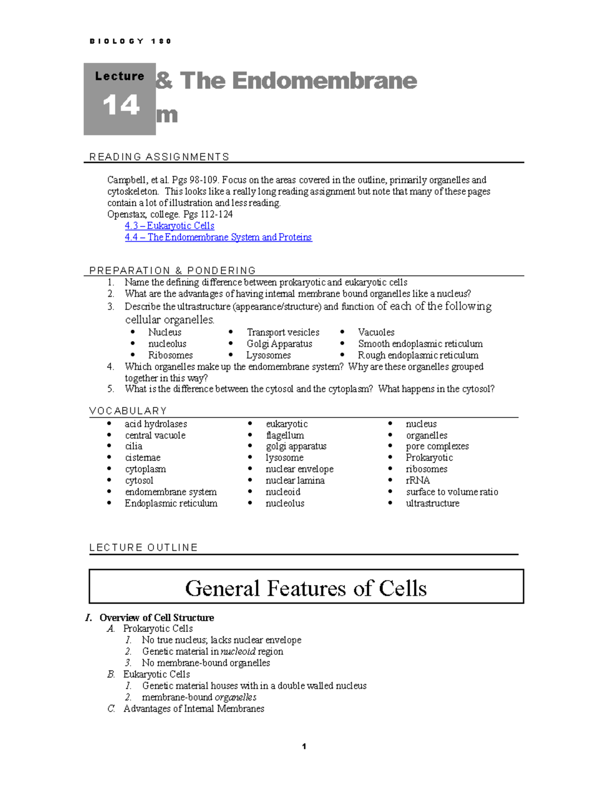 Topic Worksheet B I O L O G Y 1 8 0 Cells & The Endomembrane System R