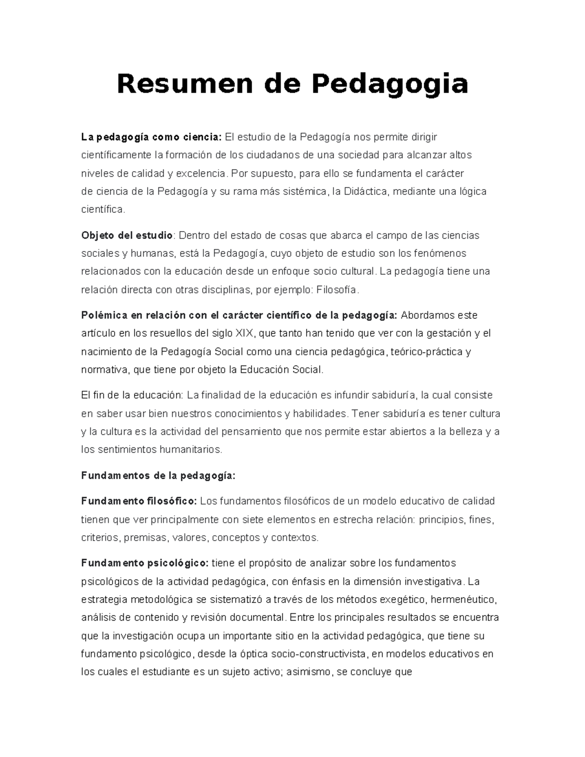 Resumen de Pedagogia - tarea - Resumen de Pedagogia La pedagogía como ...