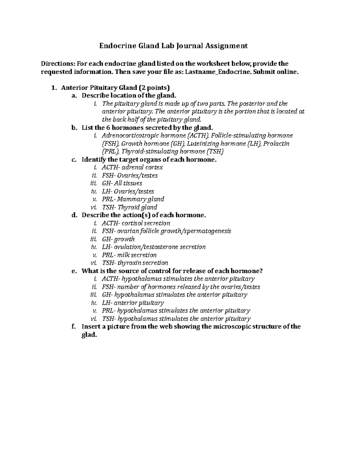 endocrine gland lab journal assignment quizlet