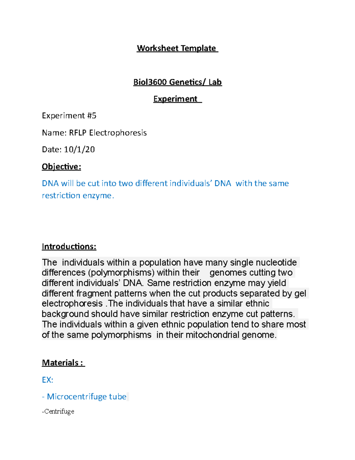 Genetics lab 5 - Lab 5 - Worksheet Template Biol3600 Genetics/ Lab ...