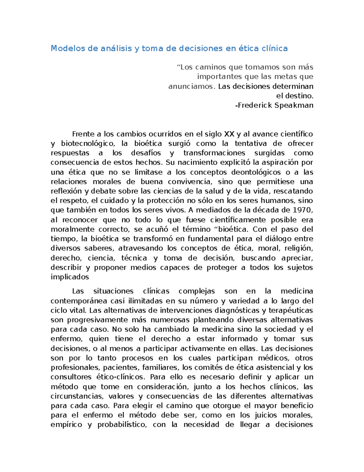  Modelos de análisis y toma de decisiones en ética clínica - Modelos  de análisis y toma de - Studocu