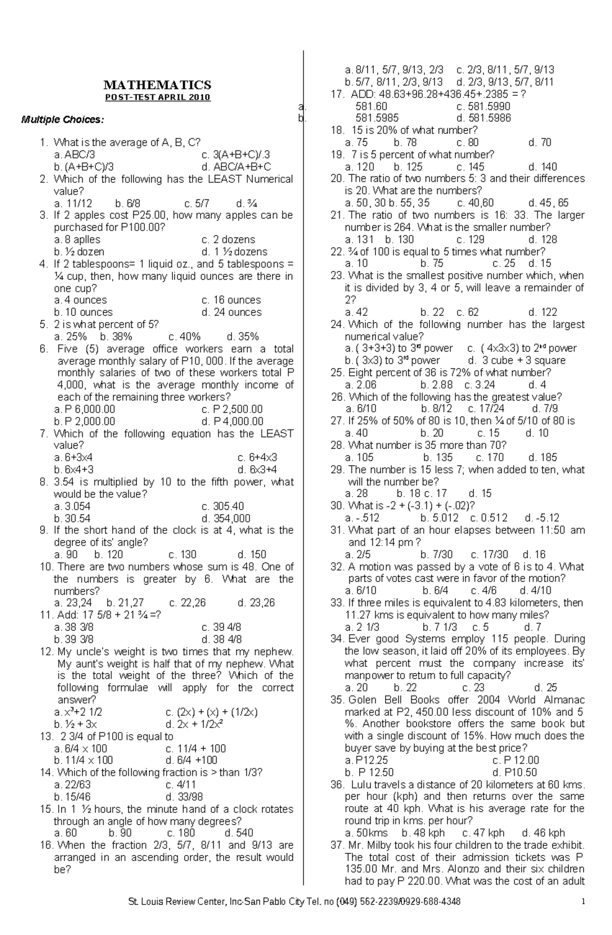 Math major 100 items - mathematics post-test april 2010 - MATHEMATICS ...