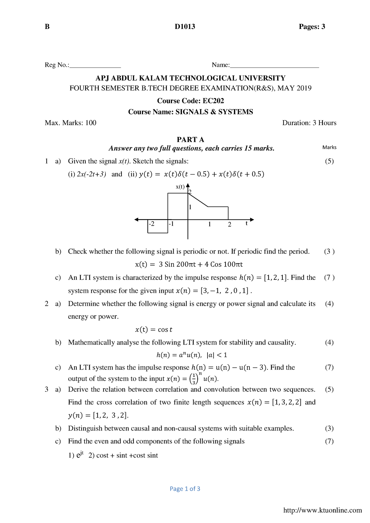 KTU S4 Signals And Systems May 2019 - B D1013 Pages: 3 Page 1 Of 3 Reg ...