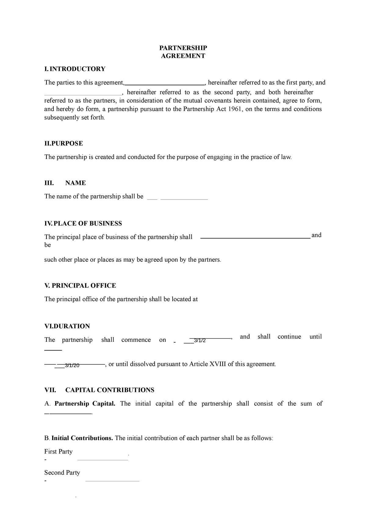 Partnership agreement form PARTNERSHIP AGREEMENT I. INTRODUCTORY The