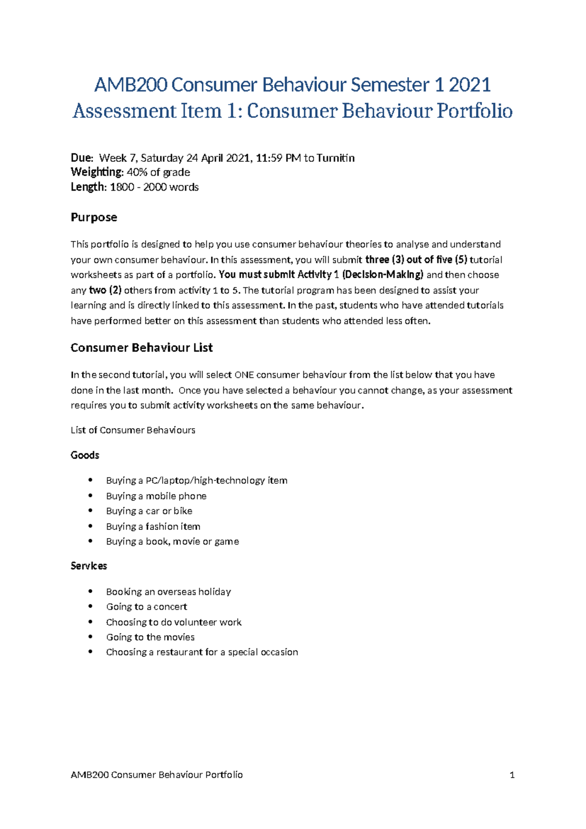 Assignment 1 Task Sheet - AMB200 Consumer Behaviour Semester 1 2021 ...