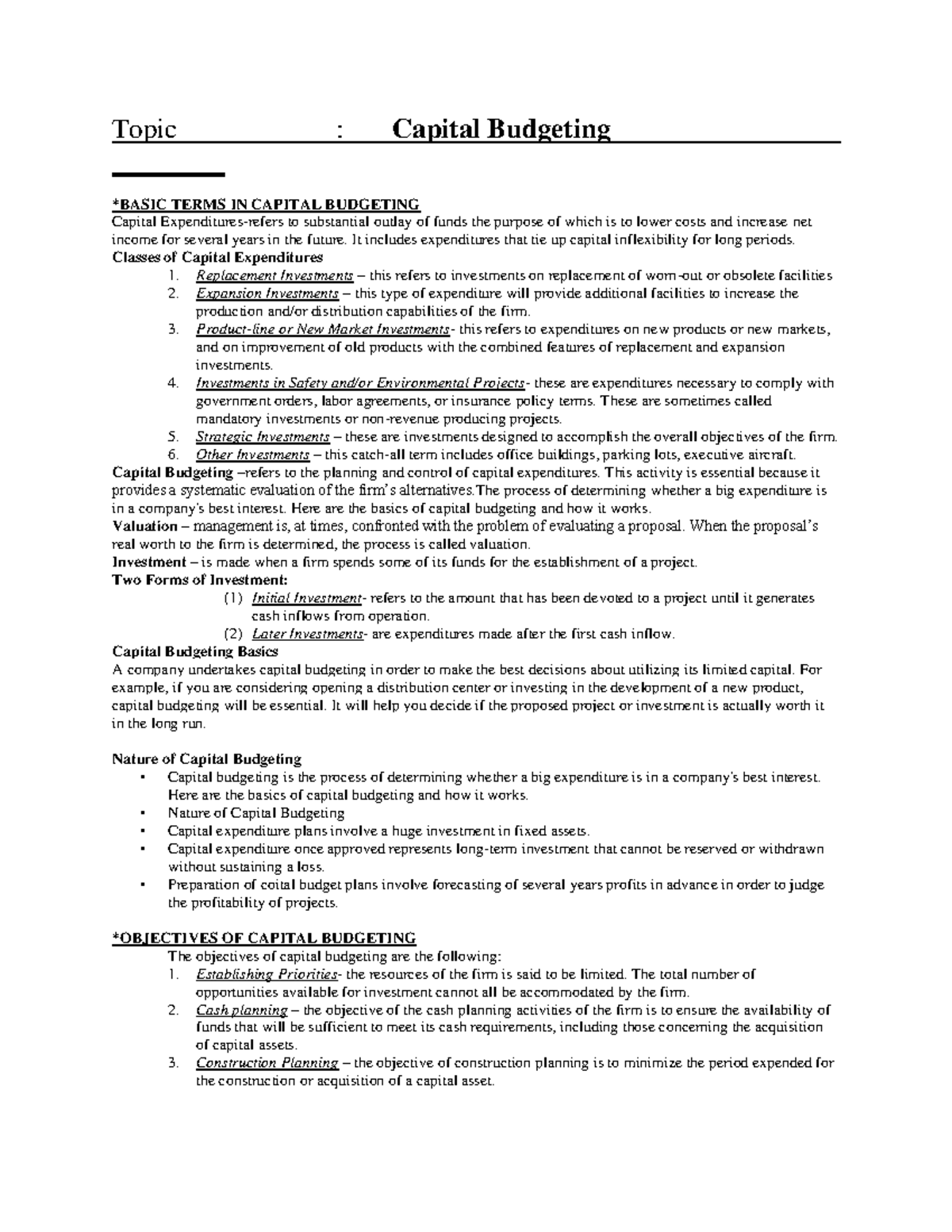 Capital Budgeting - Topic : Capital Budgeting *BASIC TERMS IN CAPITAL ...