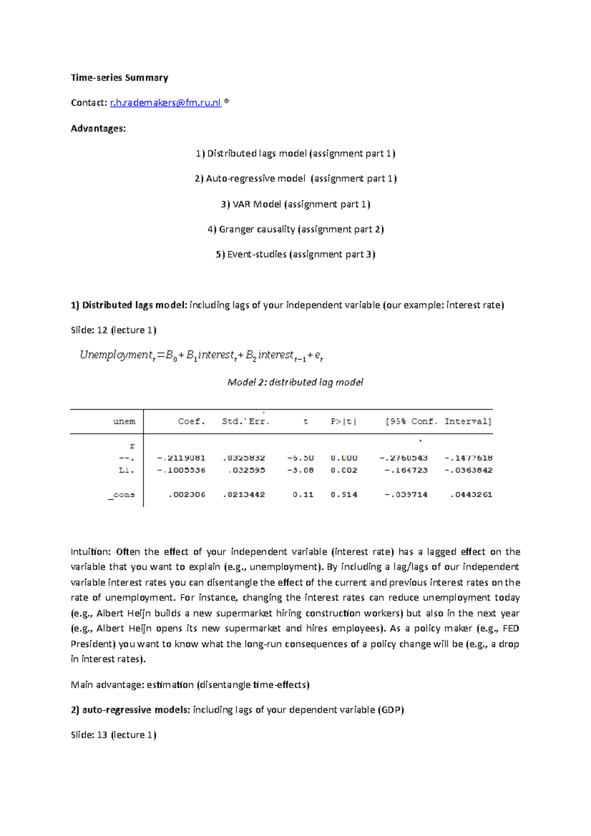 Timeseries summary 3.0 Summary Contact Advantages 1) Distributed