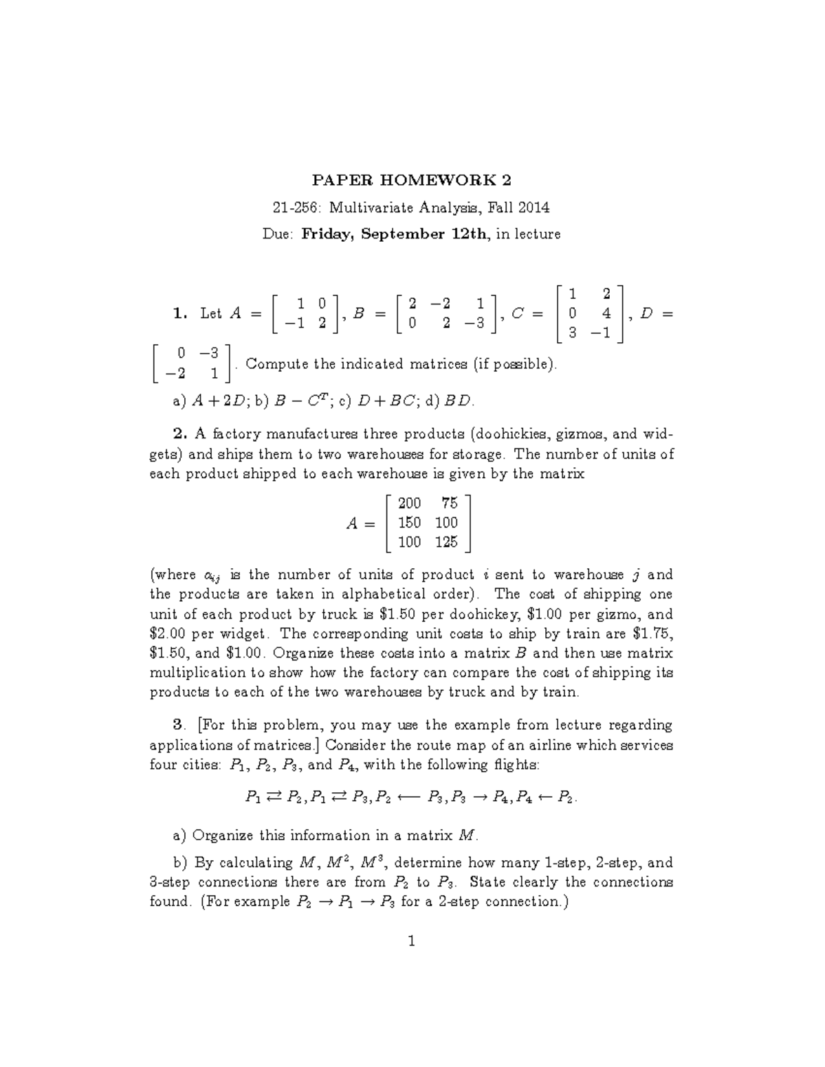 Paper Homework 2 - PAPER HOMEWORK 2 21-256: Multivariate Analysis, Fall ...