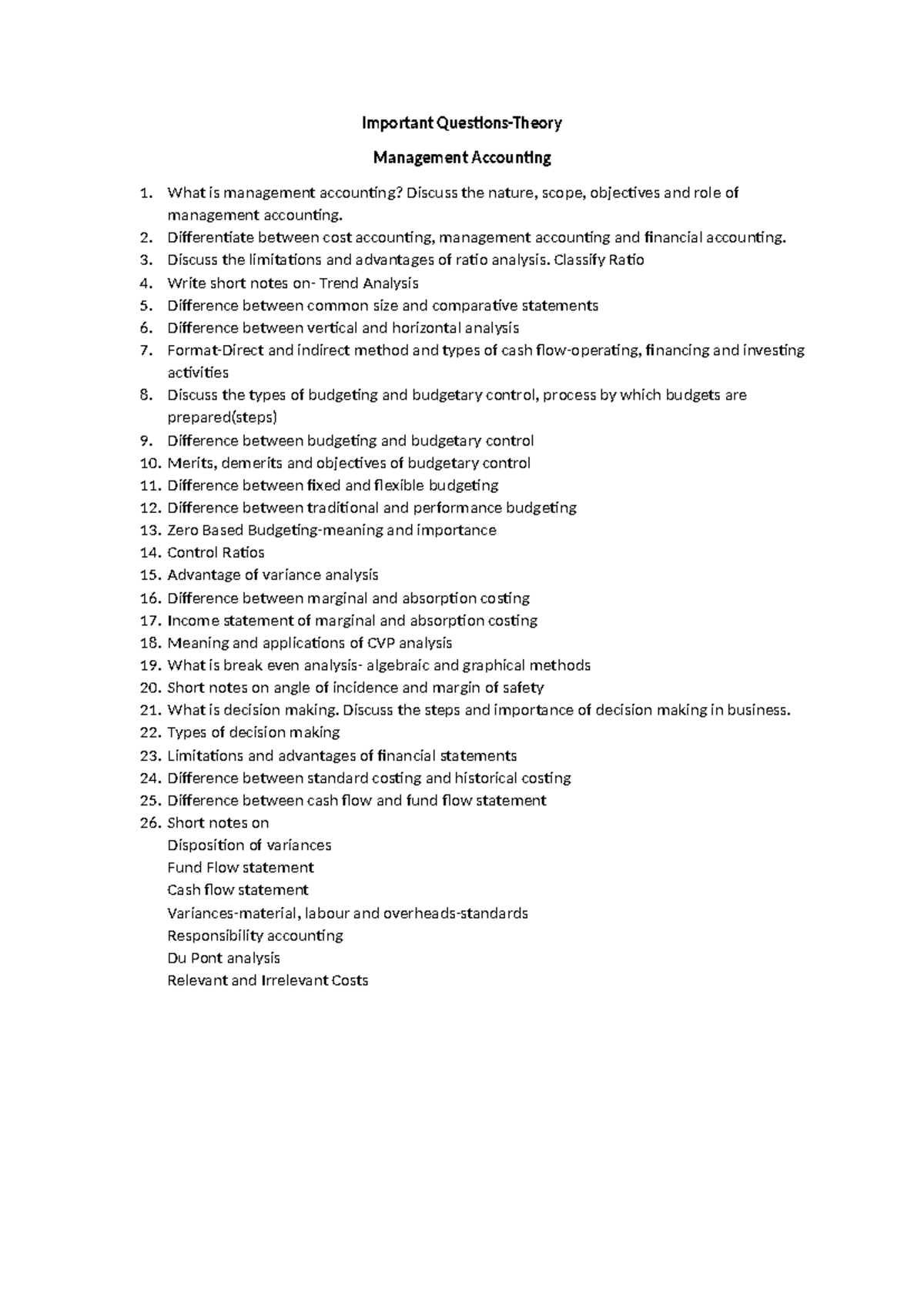 Important Questions-Management Accounting - Important Questions-Theory ...