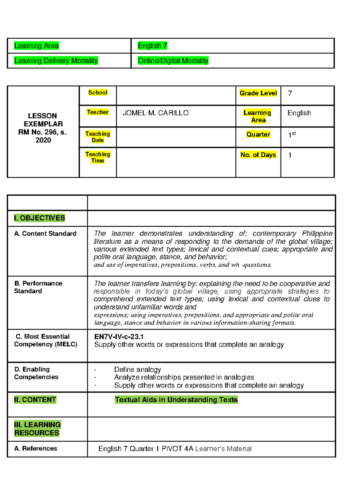 PED02 Lesson Exemplar Carillo - Learning Area English 7 Learning ...