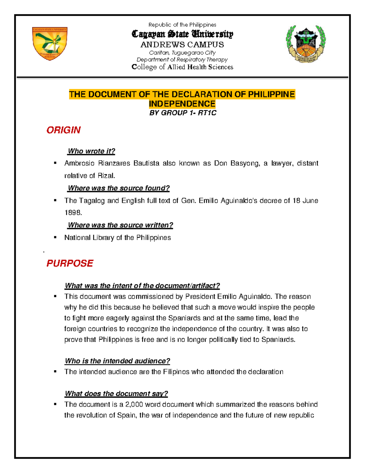 THE Document OF THE Declaration OF Philippine Independence Group RT1C ...