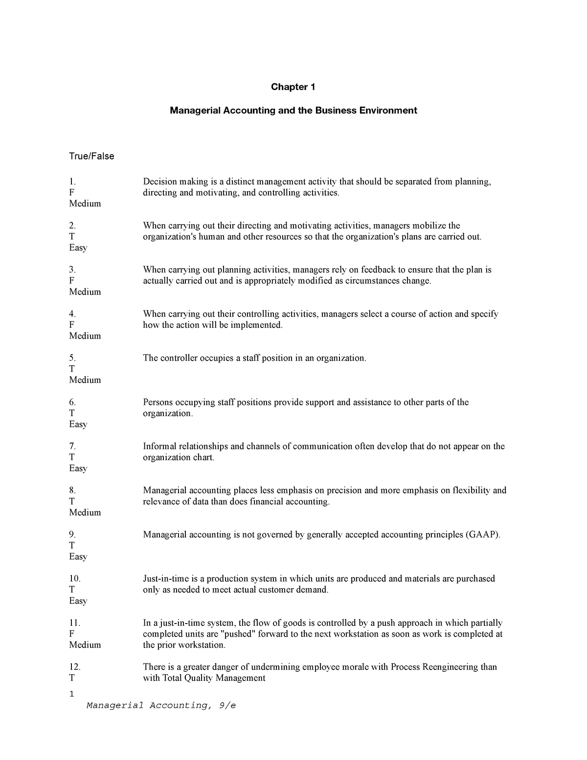 Test Bank - Chapter 1 Managerial Accounting - Chapter 1 Managerial ...