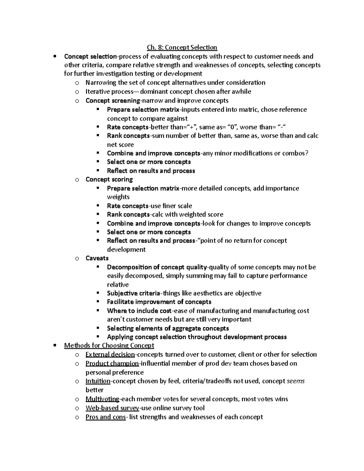 Ch 8 - Lecture notes 8 - Ch. 8: Concept Selection Concept selection ...