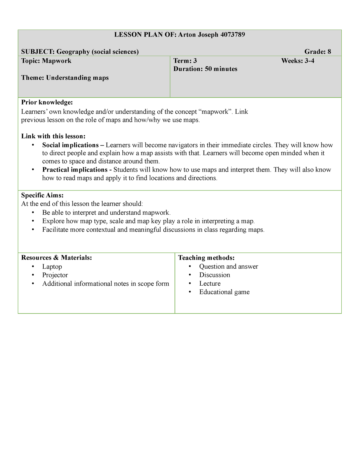 TP Lesson Plan - GEO Mapwork Grade 8 Geography - LESSON PLAN OF: Arton ...