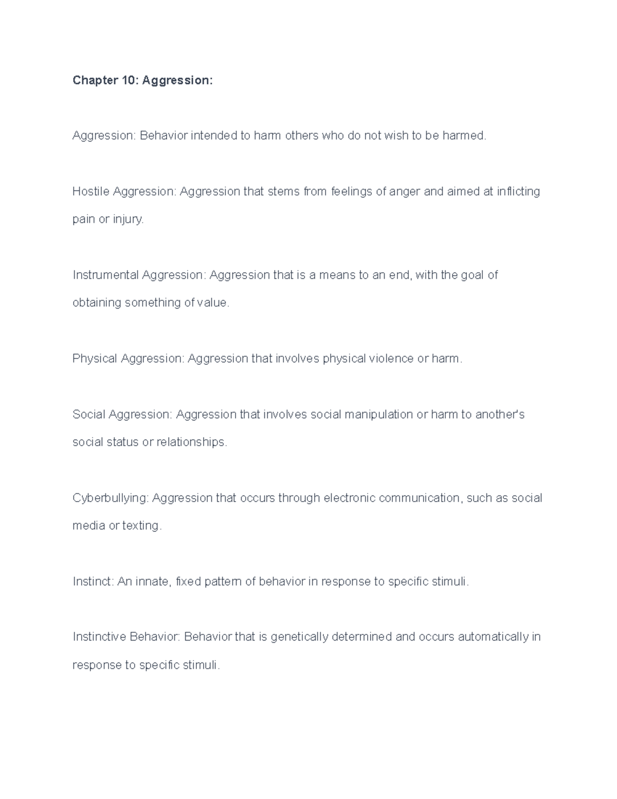 Chapter 10 Study Guide - Chapter 10: Aggression: Aggression: Behavior ...