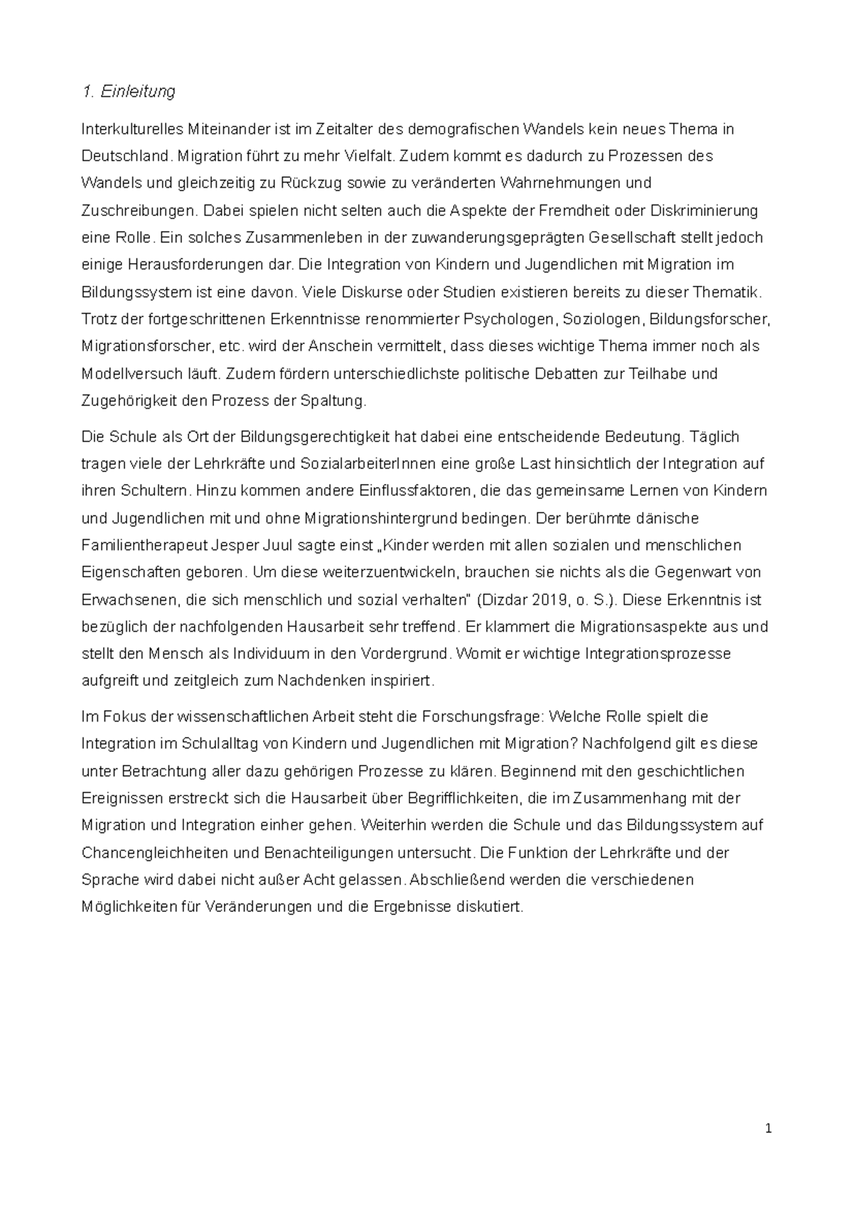 Einleitung Für Eine Hausarbeit Hausarbeit - 1. Einleitung Interkulturelles Miteinander ist im