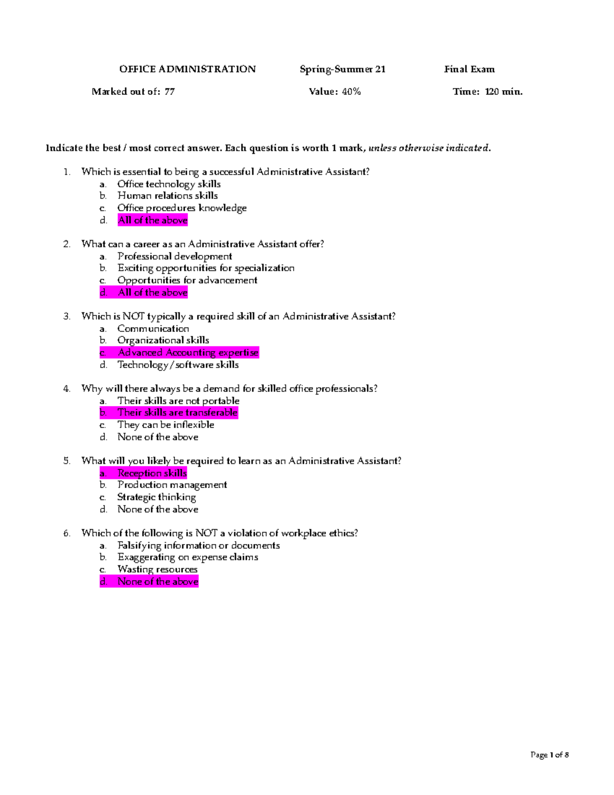 Final exam Office Admin Final Exam SpringSummer 2021 OFFICE