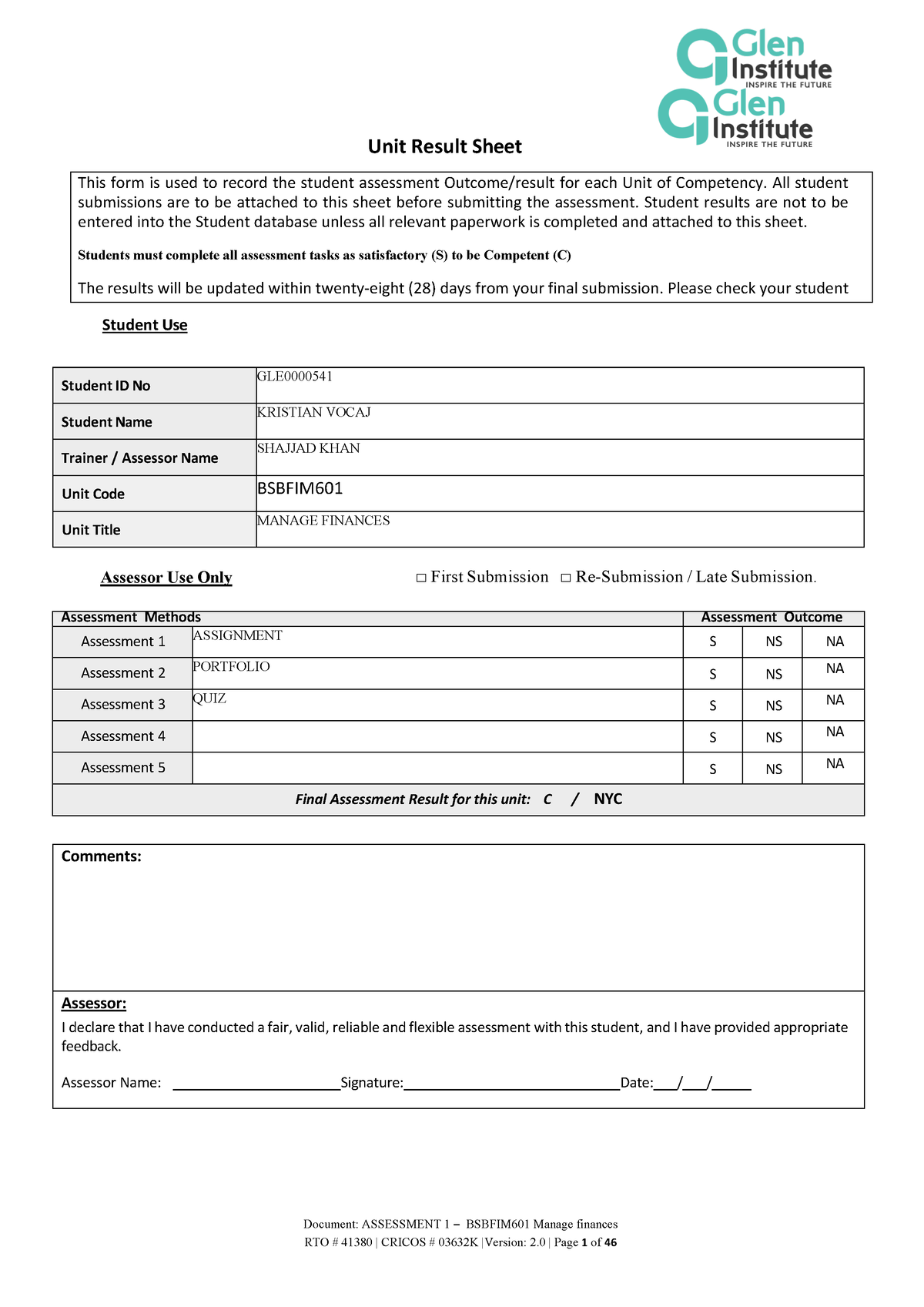 Bsbfim Manage Finances Compleated Document Assessment