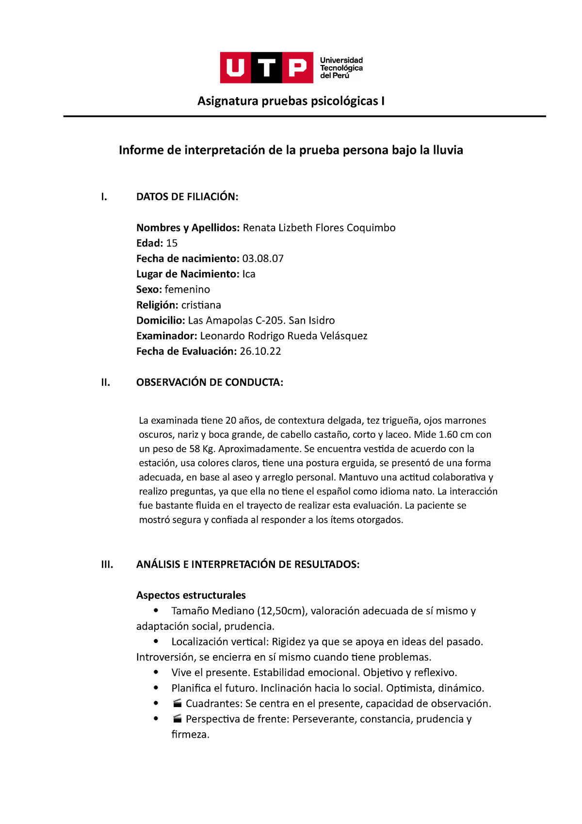 Pbll Test De Aplicación Asignatura Pruebas Psicológicas I Informe De Interpretación De La 4412