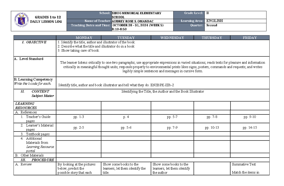 DLL English 2 Q2 W5 - DLL - GRADES 1 to 12 DAILY LESSON LOG School ...