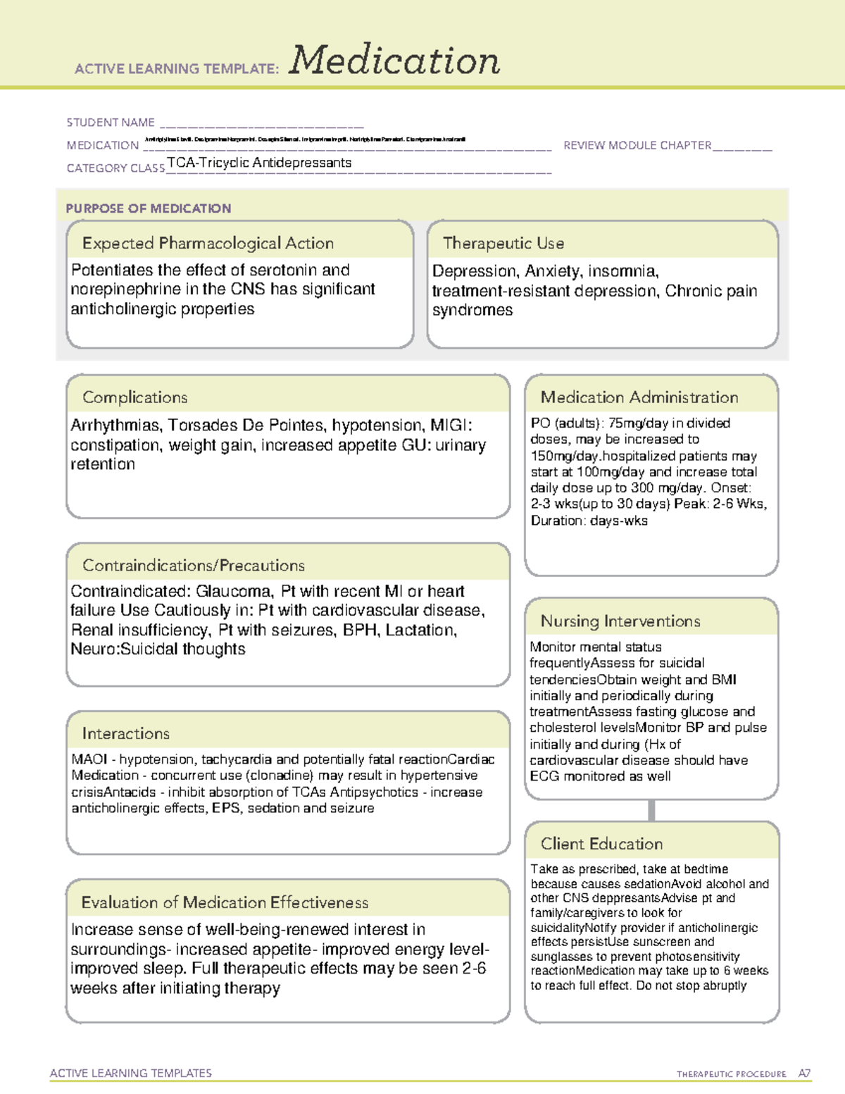 TCA's - ATI MEd Sheets - ACTIVE LEARNING TEMPLATES TherapeuTic procedure A Medication STUDENT ...