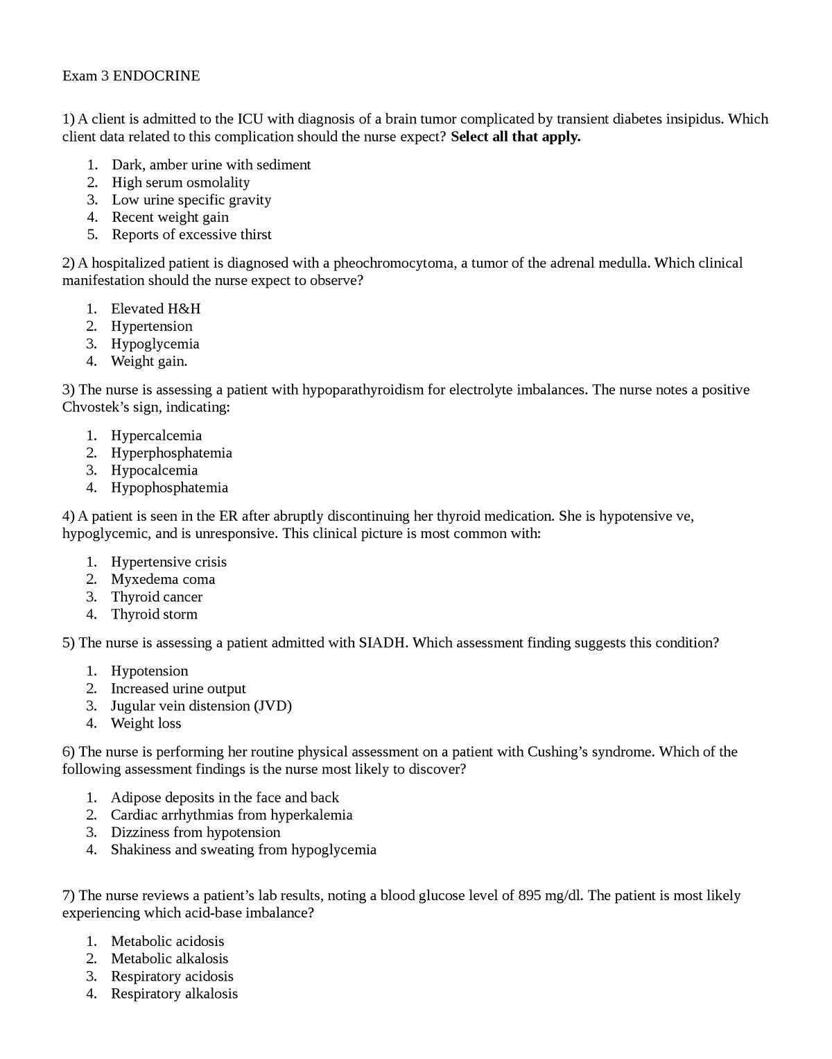 Exam 4- Endocrine - Exam Questions - Exam 3 ENDOCRINE A Client Is ...