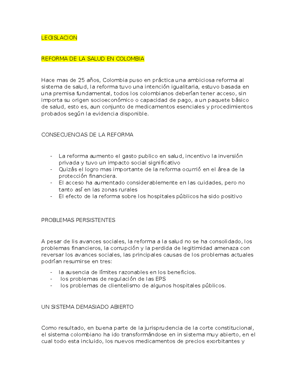 Reforma DE LA Salud EN Colombia - LEGISLACION REFORMA DE LA SALUD EN ...