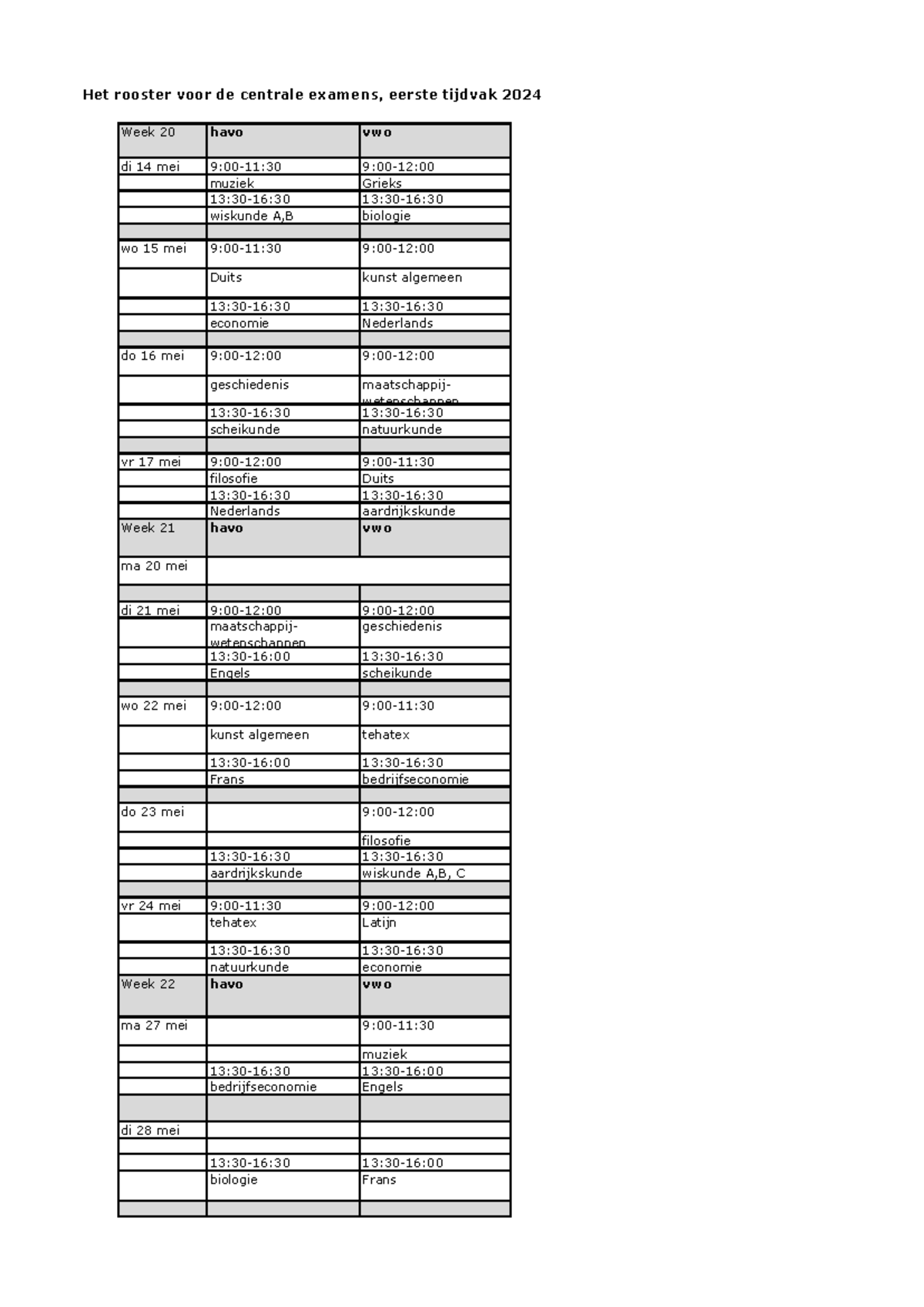 Examen 2024 1e tijdvak Het rooster voor de centrale examens, eerste