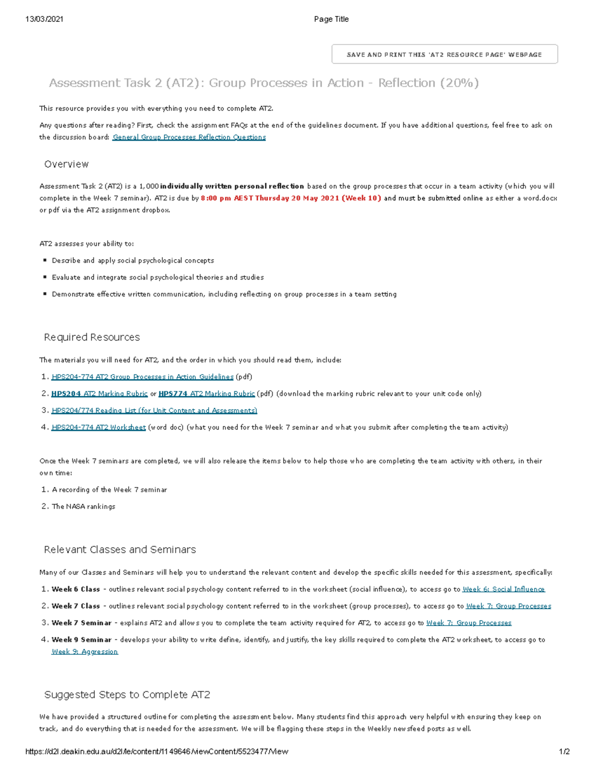 Assessment Task 2 (AT2) Group Processes in Action - HPS204 HPS774 ...