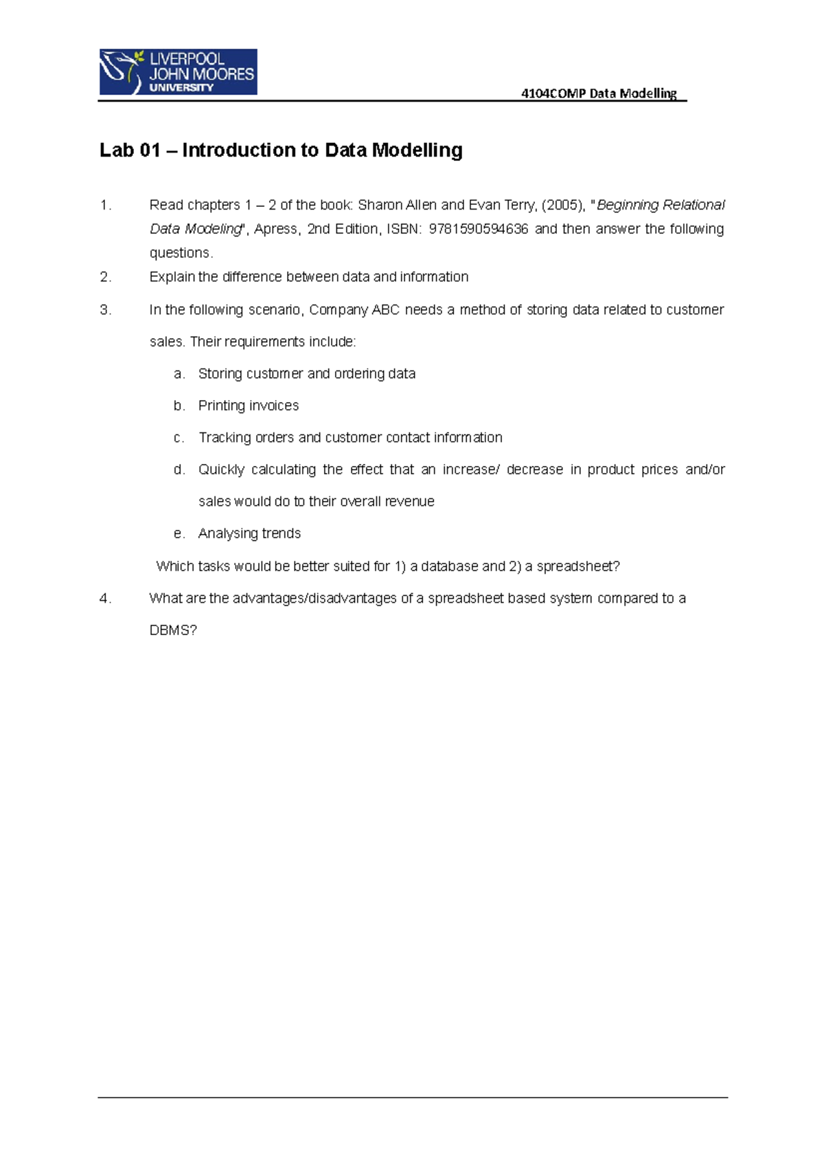 Lab 1 – Introduction to Data Modelling - Lab 01 – Introduction to Data ...