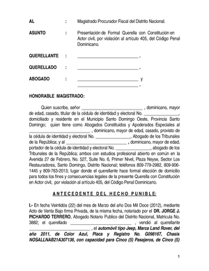 Querella Constitucion en Actor Civil por Art. 405 (Estafa) - AL :  Magistrado Procurador Fiscal del - Studocu