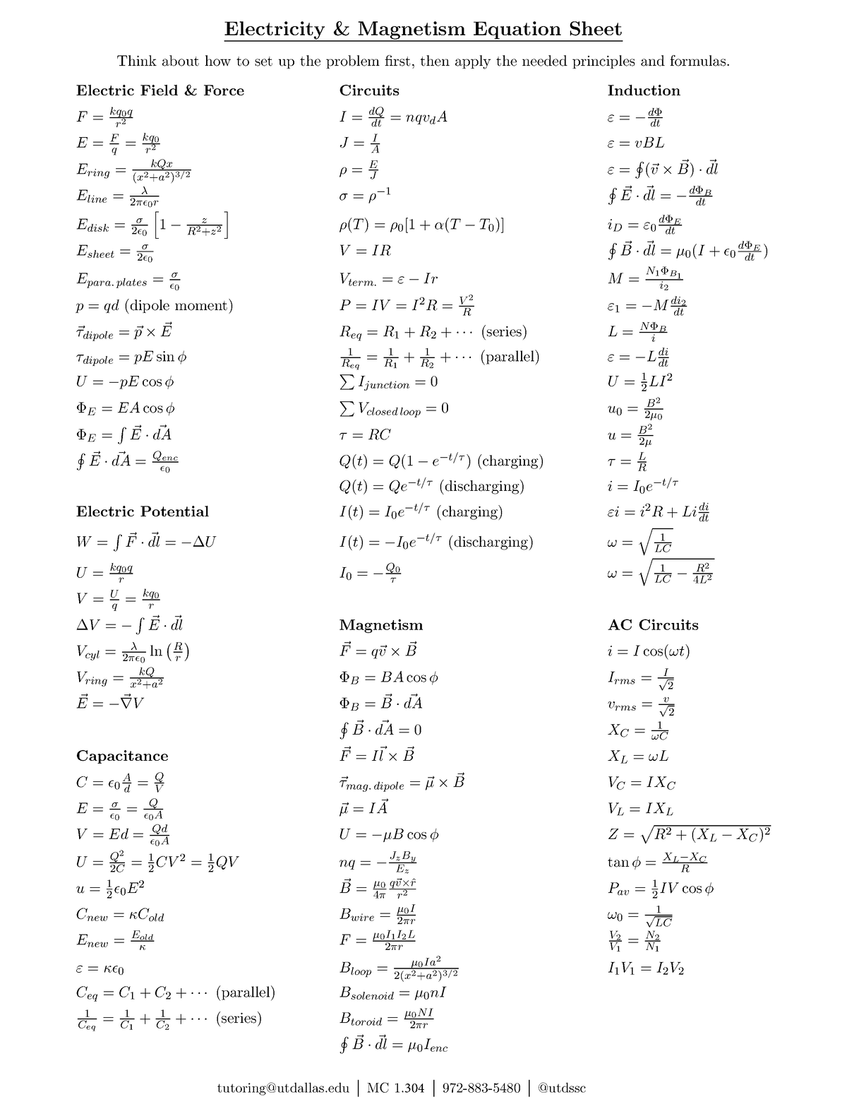 Electromagnetism-Equation-Sheet - tutoring@utdallas MC 1. 304 972-883 ...