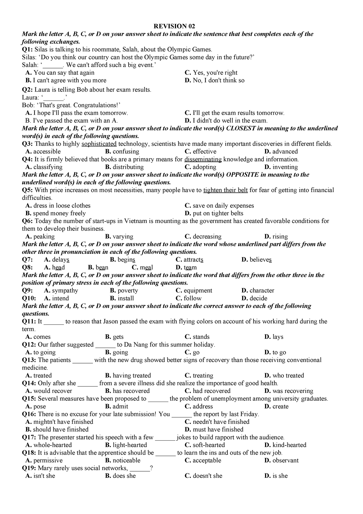 Practice test for revision - REVISION 02 Mark the letter A, B, C, or D ...