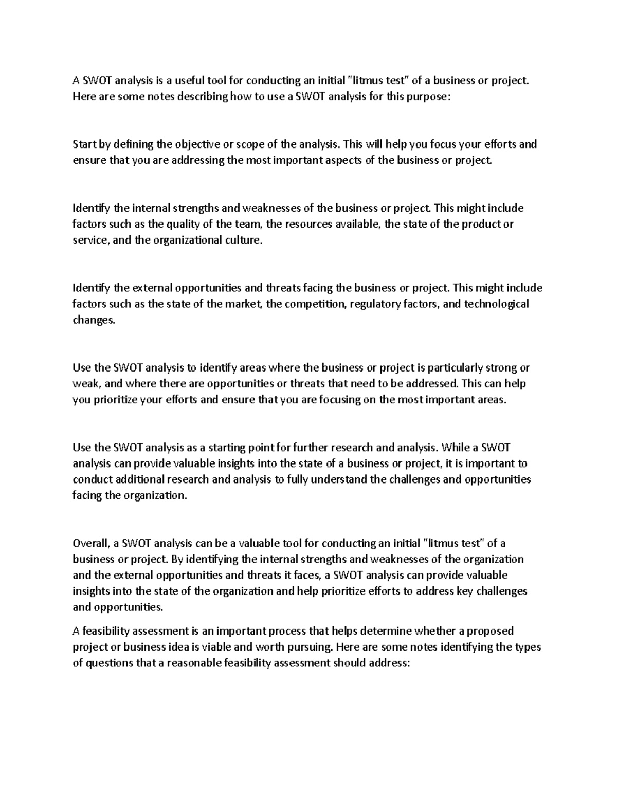 J4 - Notes describing the use of a SWOT analysis as an initial “litmus ...