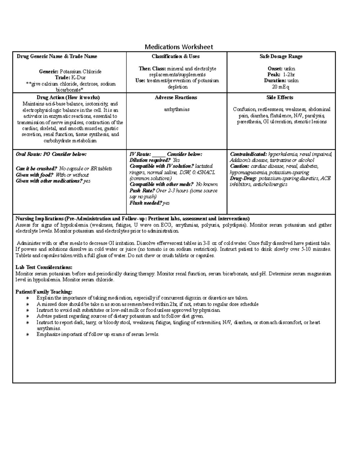 Potassium Chloride - Medications Worksheet Drug Generic Name & Trade ...