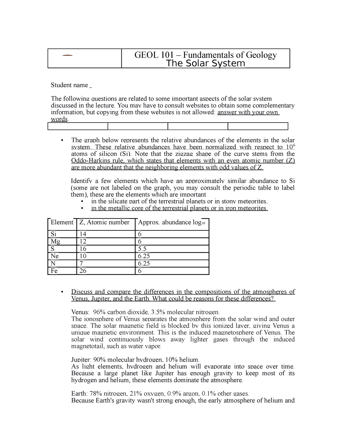 GEOL 101 - Laboratory 1 The Solar System Feb 1 2022 - GEOL 101 ...