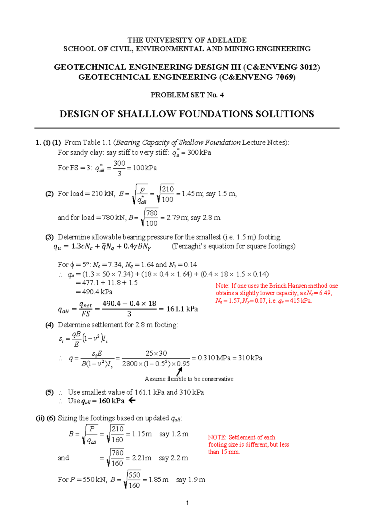 Geotech 3 Problem+Set+4 Solutions - THE UNIVERSITY OF ADELAIDE SCHOOL ...