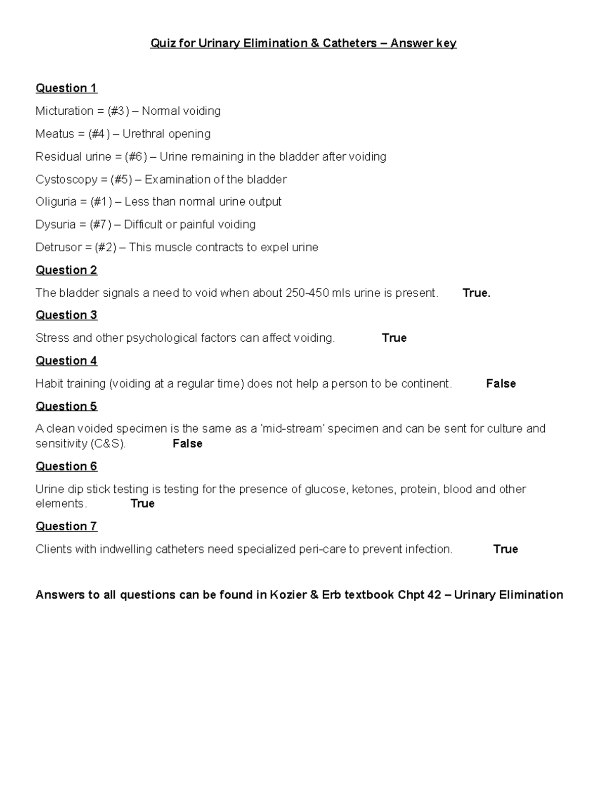 Urinary and catheter Quiz Answers Quiz for Urinary Elimination