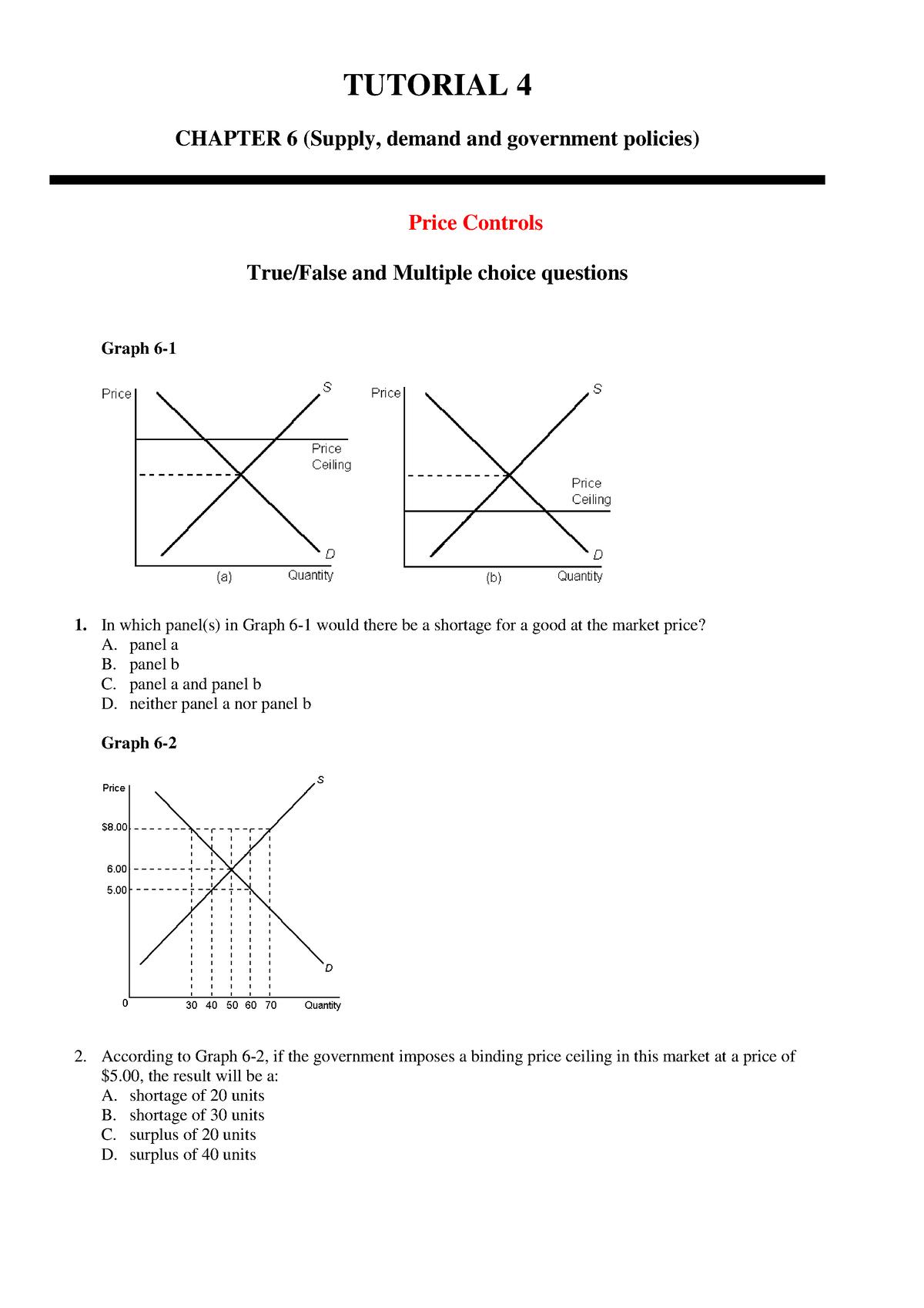 Tutorial 4 - Week 5 Tut4 - TUTORIAL 4 CHAPTER 6 (Supply, Demand And ...