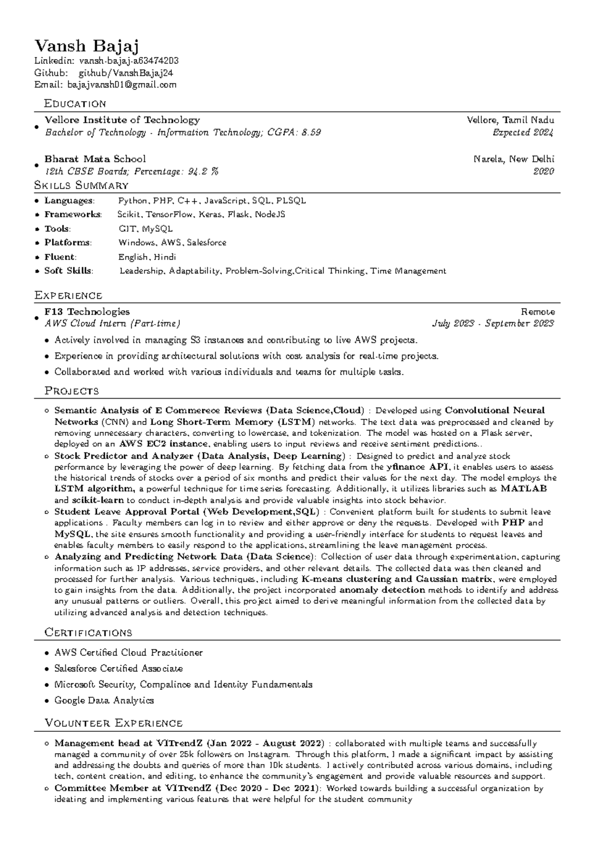 Vansh Bajaj Resume - dfvfrv - Vansh Bajaj Linkedin: vansh-bajaj-a ...