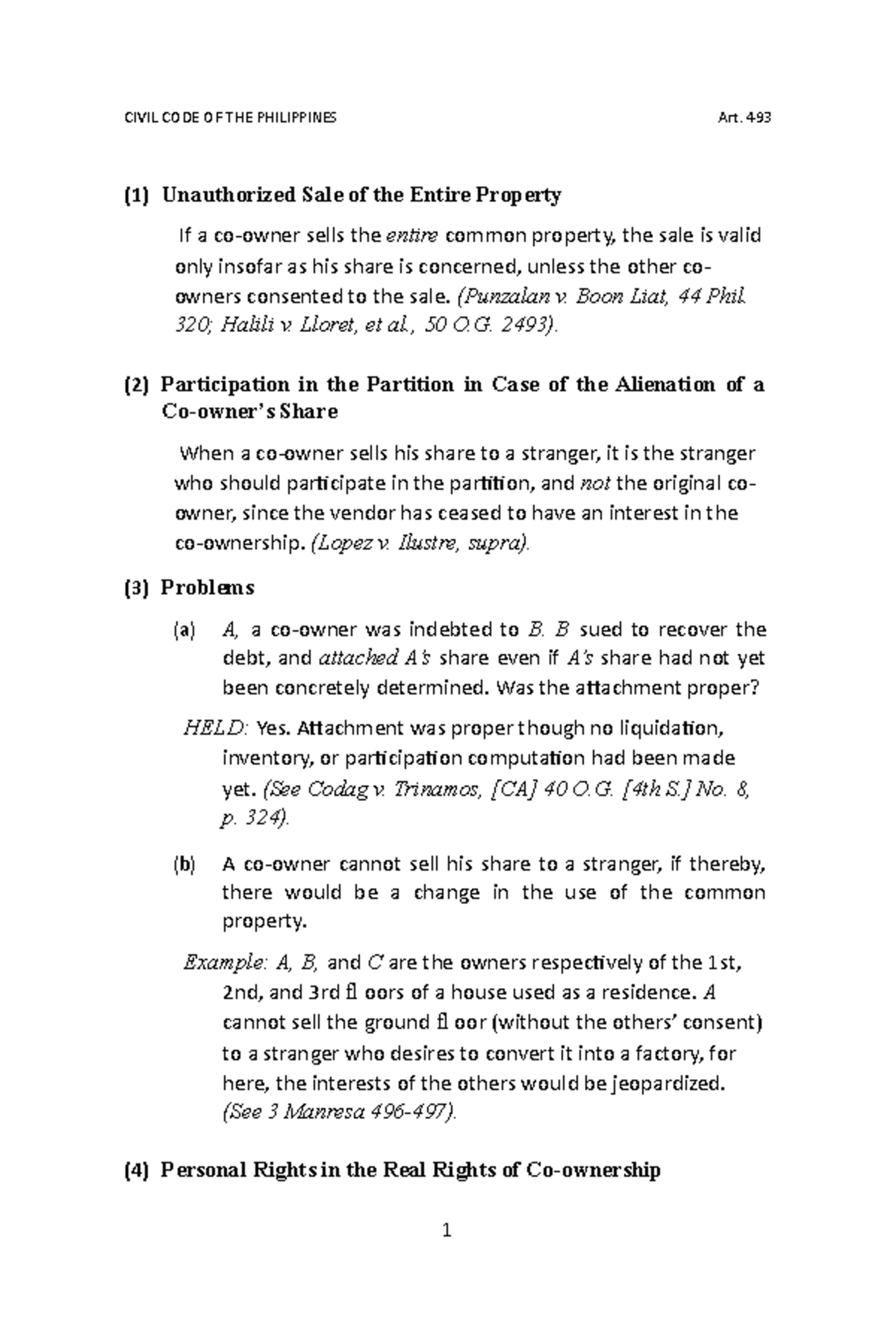 Property law m85 - (1) Unauthorized Sale of the Entire Property If a co ...