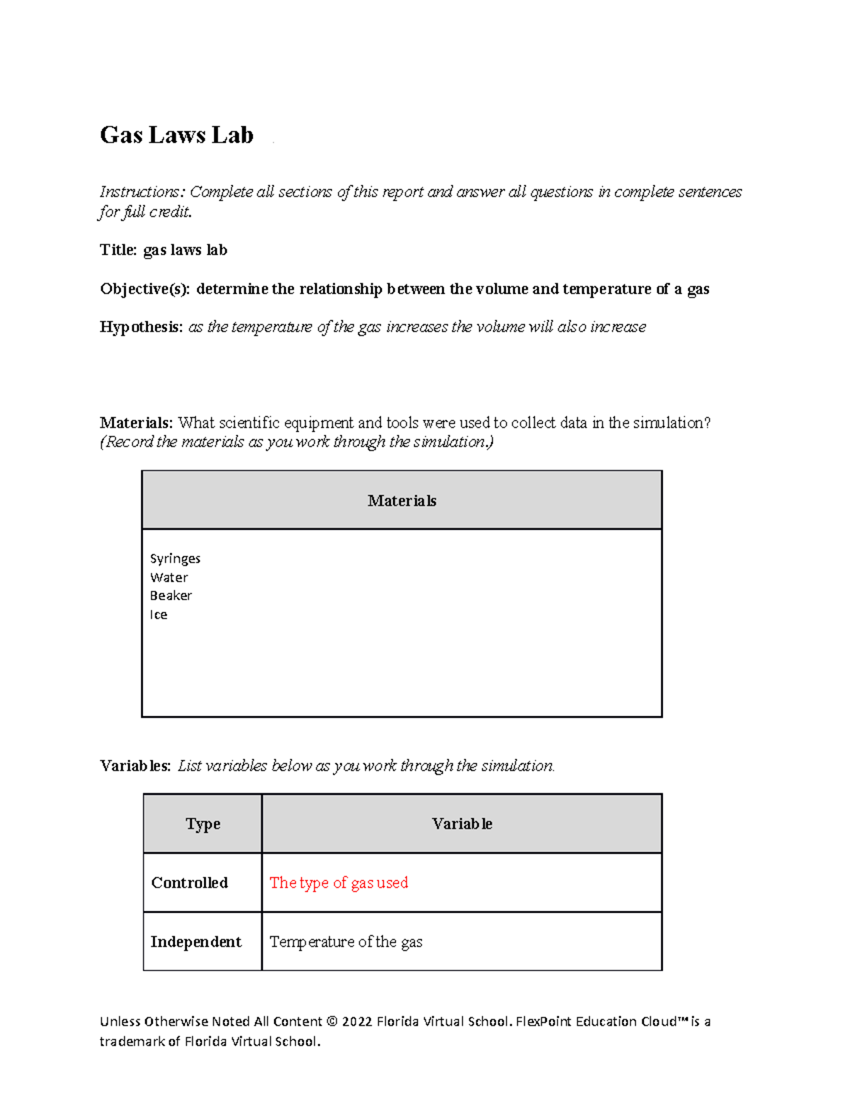 6.05 gas laws lab Gas Laws Lab Instructions Complete all sections of