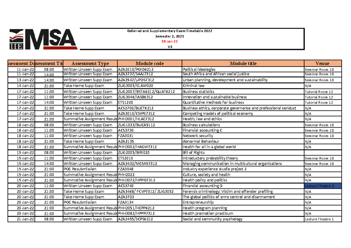 SEM 2 2021 Supp Deff Exam Timetable v3 - ssessment Dassessment Tim ...