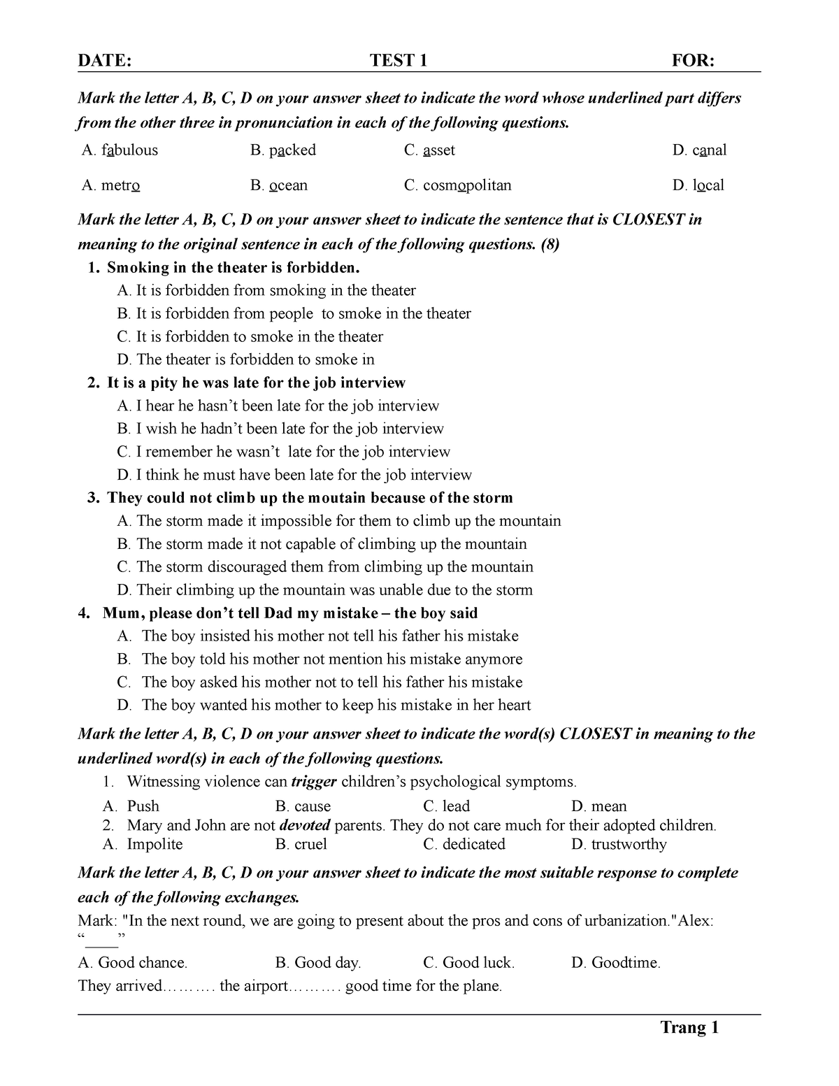 TEST 6 - TEST THI VÀO 10 - Mark The Letter A, B, C, D On Your Answer ...