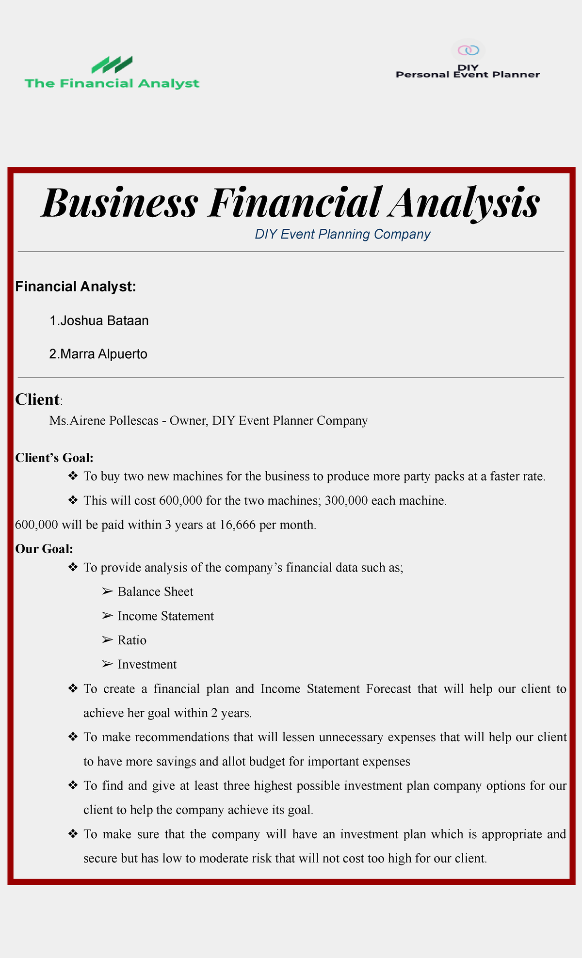 Event Planner Financial Plan Business Financial Analysis DIY Event